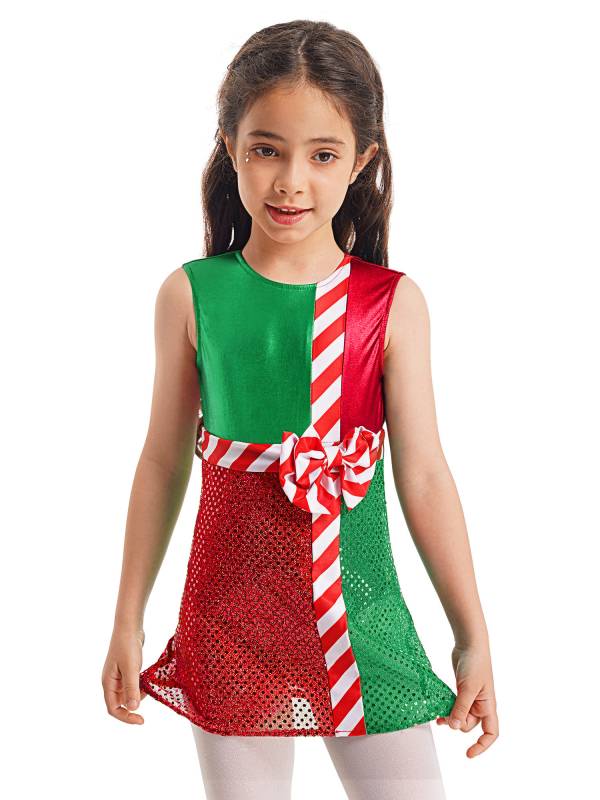 Kids Girls Striped Color Block Sleeveless Sequins Christmas Leotard Dress thumb