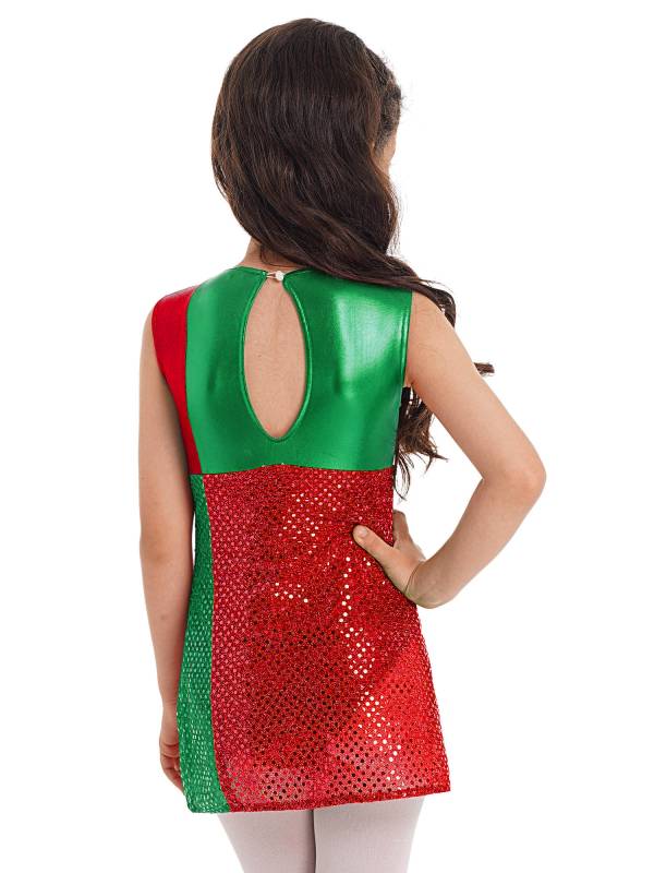 Kids Girls Striped Color Block Sleeveless Sequins Christmas Leotard Dress thumb