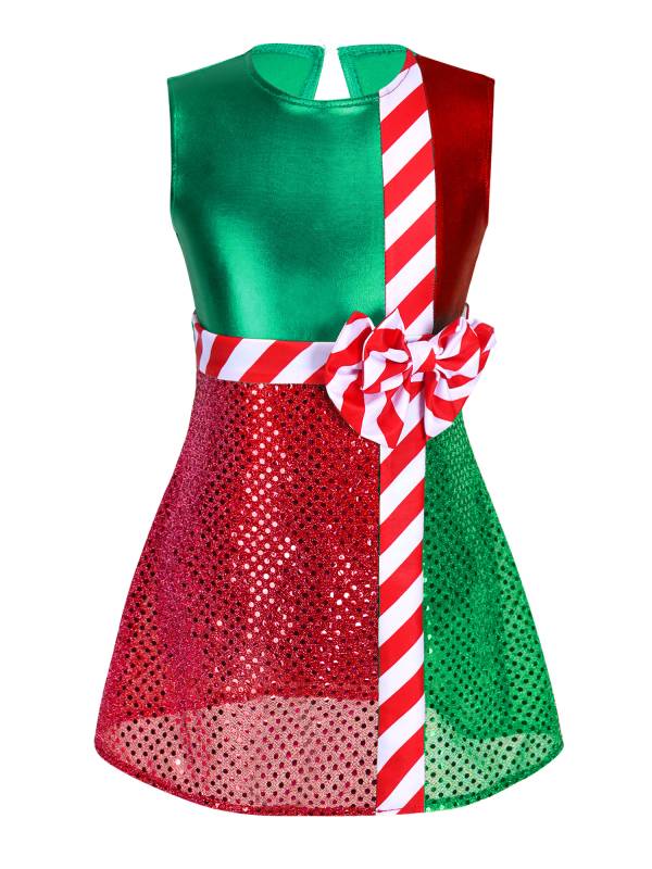 Kids Girls Striped Color Block Sleeveless Sequins Christmas Leotard Dress thumb