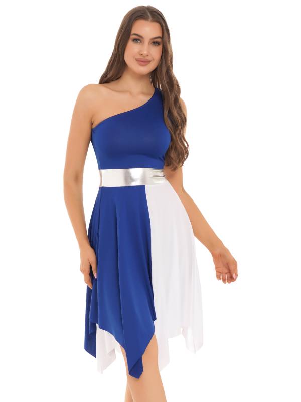 Women One Shoulder Color Block Praise Dance Dress(not include white underdress) thumb