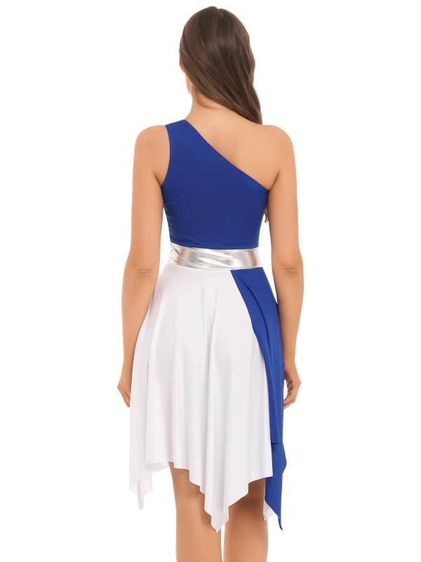 Women One Shoulder Color Block Praise Dance Dress(not include white underdress) thumb