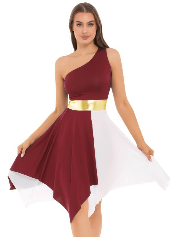 Women One Shoulder Color Block Praise Dance Dress(not include white underdress) thumb