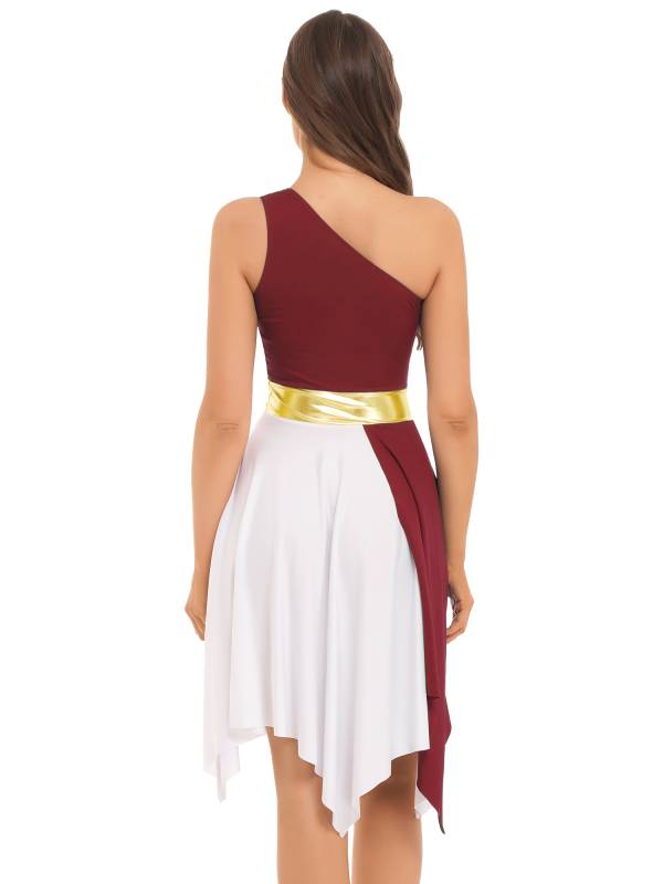 Women One Shoulder Color Block Praise Dance Dress(not include white underdress) thumb