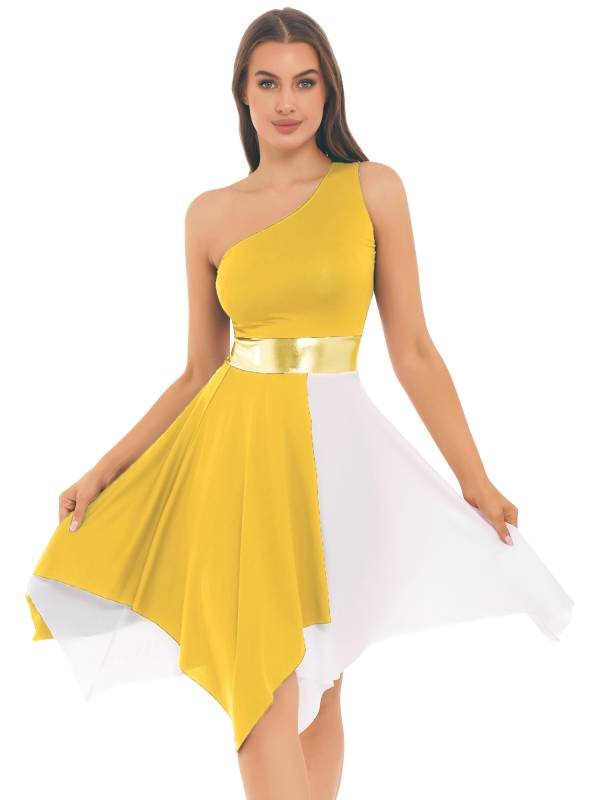 Women One Shoulder Color Block Praise Dance Dress(not include white underdress) thumb