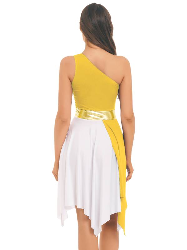 Women One Shoulder Color Block Praise Dance Dress(not include white underdress) thumb