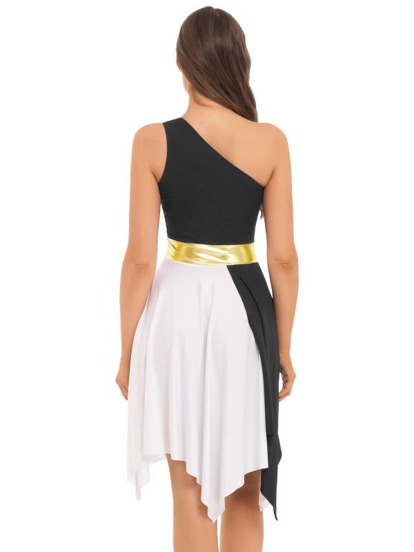 Women One Shoulder Color Block Praise Dance Dress(not include white underdress) thumb