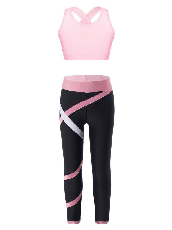 Kids Girls Activewear Sleeveless Crop Top and Colorblock Leggings Sets thumb