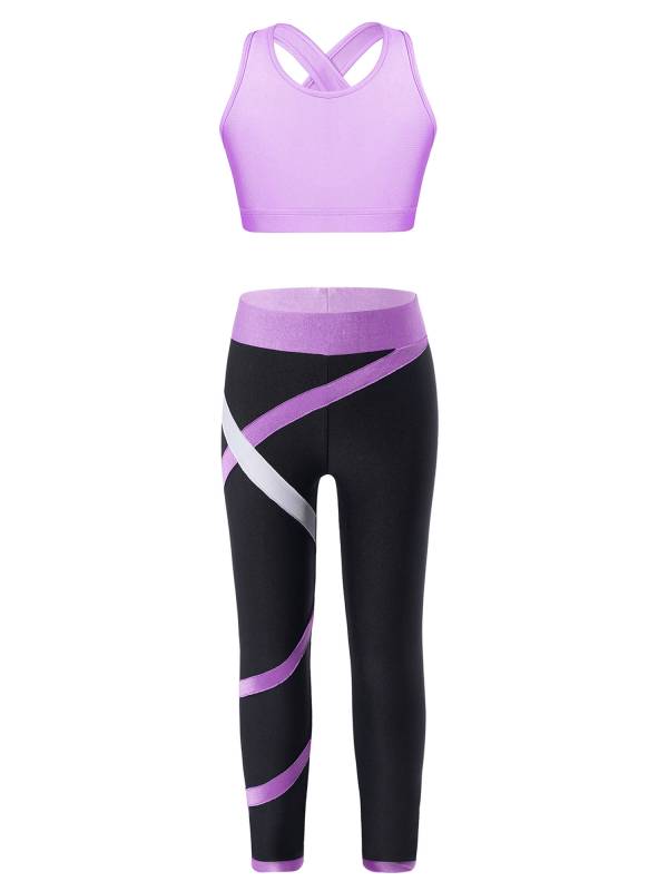 Kids Girls Activewear Sleeveless Crop Top and Colorblock Leggings Sets thumb