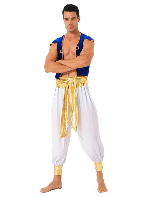 Men 2pcs Arabian Prince Costume Cap Sleeve Vest and Pants Set thumb