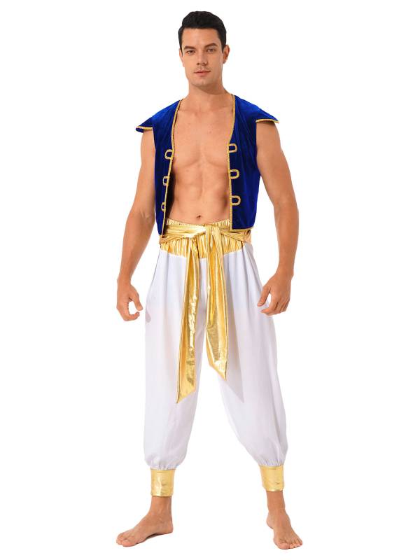 Men 2pcs Arabian Prince Costume Cap Sleeve Vest and Pants Set thumb