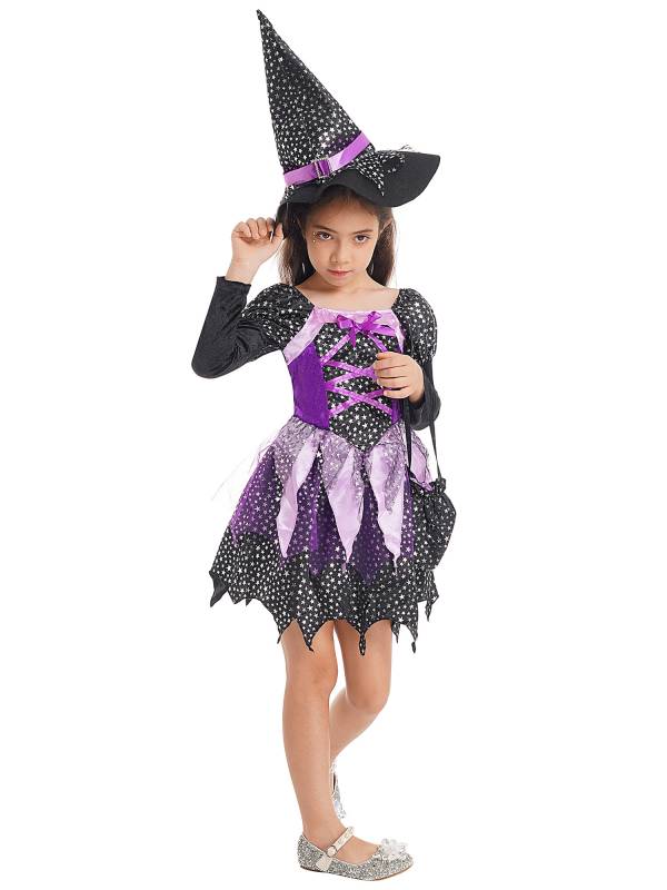 Kids Girls Halloween Witch Shiny Stars Long Sleeve Dress with Hat and Bag thumb