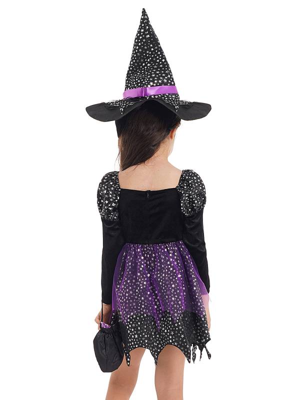 Kids Girls Halloween Witch Shiny Stars Long Sleeve Dress with Hat and Bag thumb