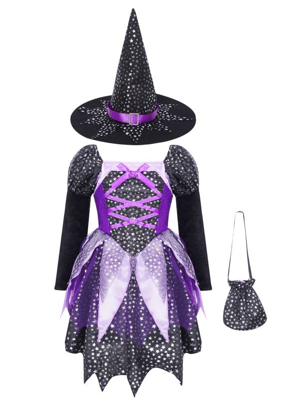 Kids Girls Halloween Witch Shiny Stars Long Sleeve Dress with Hat and Bag thumb