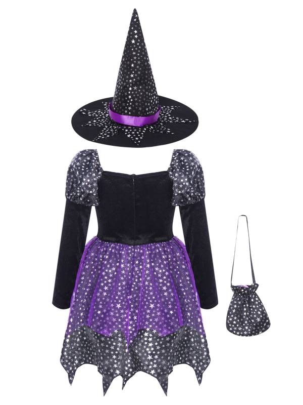 Kids Girls Halloween Witch Shiny Stars Long Sleeve Dress with Hat and Bag thumb