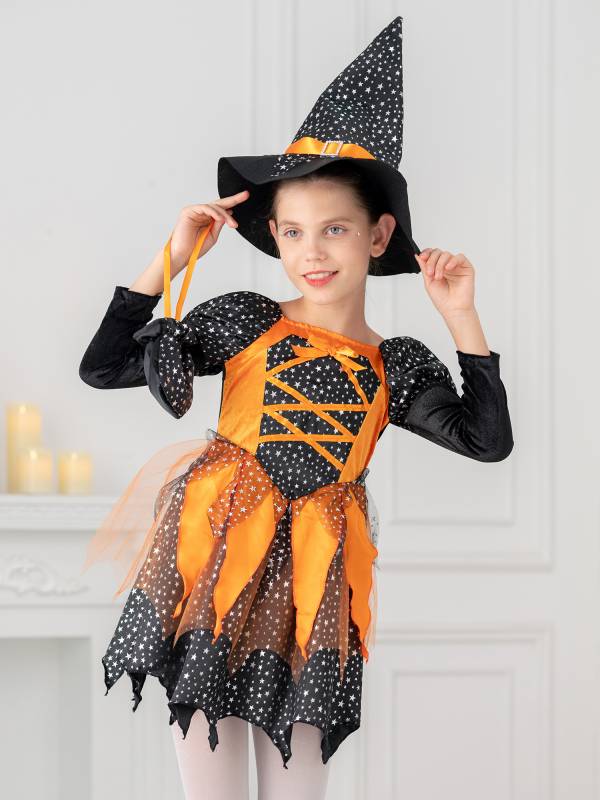 Kids Girls Halloween Witch Shiny Stars Long Sleeve Dress with Hat and Bag thumb