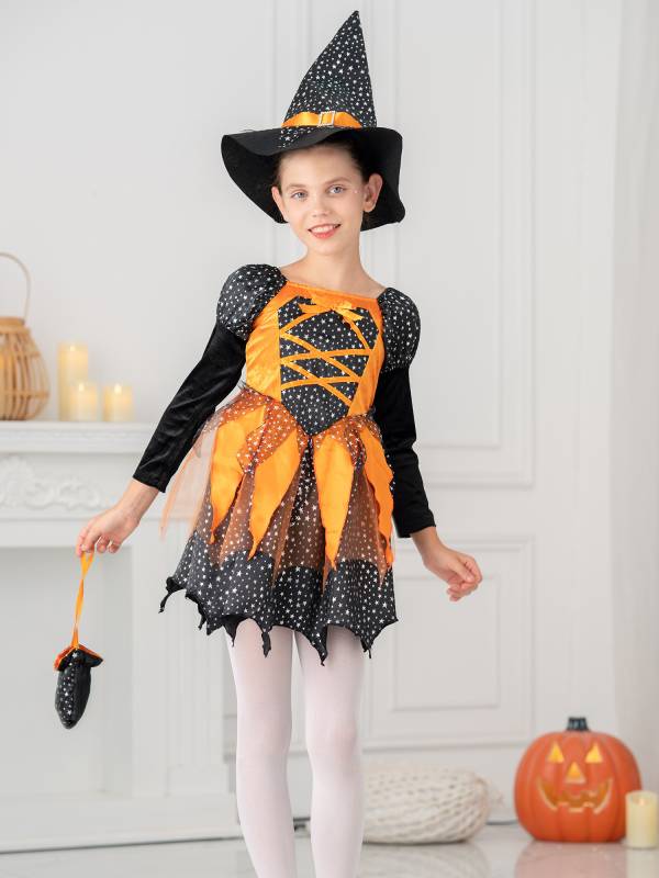 Kids Girls Halloween Witch Shiny Stars Long Sleeve Dress with Hat and Bag thumb