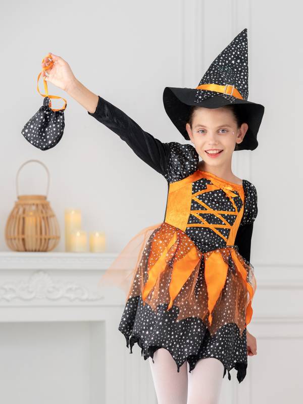 Kids Girls Halloween Witch Shiny Stars Long Sleeve Dress with Hat and Bag thumb