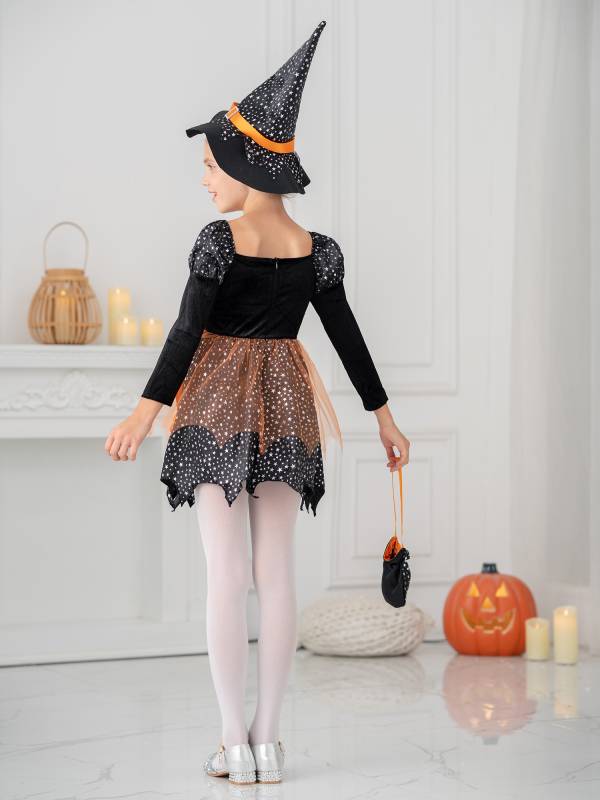 Kids Girls Halloween Witch Shiny Stars Long Sleeve Dress with Hat and Bag thumb