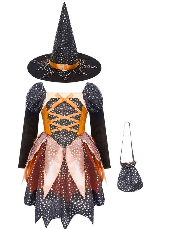 Kids Girls Halloween Witch Shiny Stars Long Sleeve Dress with Hat and Bag thumb