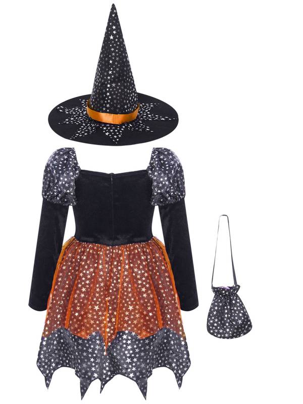 Kids Girls Halloween Witch Shiny Stars Long Sleeve Dress with Hat and Bag thumb