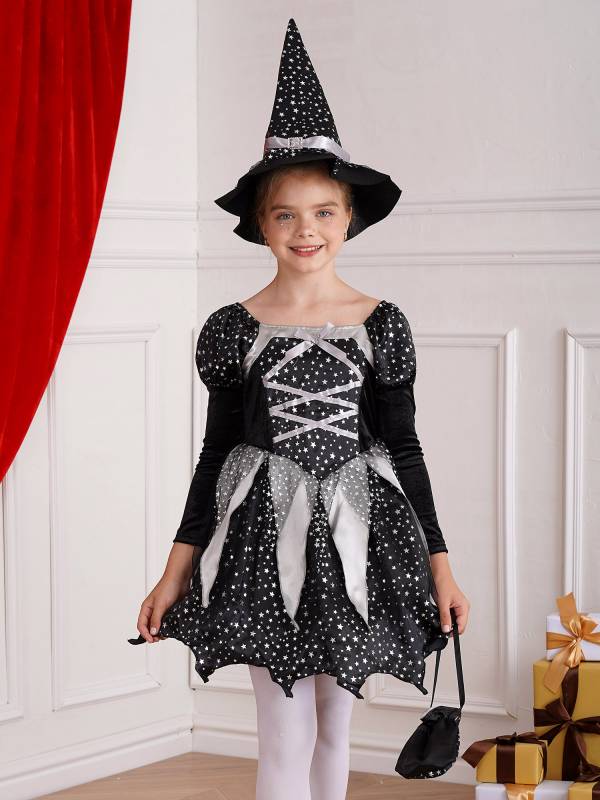 Kids Girls Halloween Witch Shiny Stars Long Sleeve Dress with Hat and Bag thumb