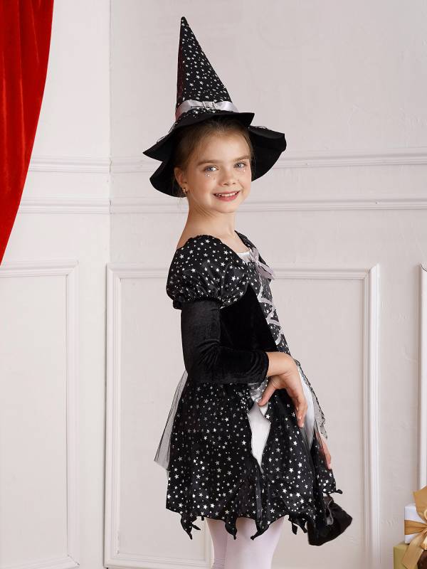 Kids Girls Halloween Witch Shiny Stars Long Sleeve Dress with Hat and Bag thumb