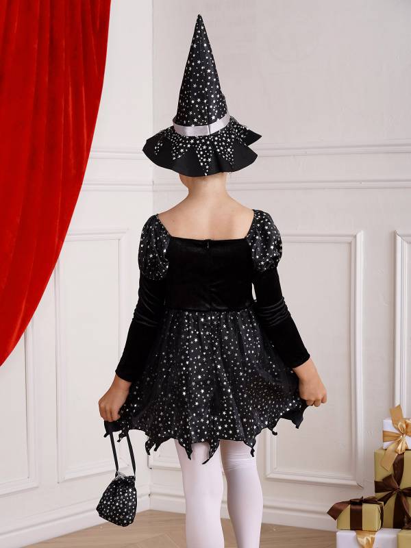 Kids Girls Halloween Witch Shiny Stars Long Sleeve Dress with Hat and Bag thumb