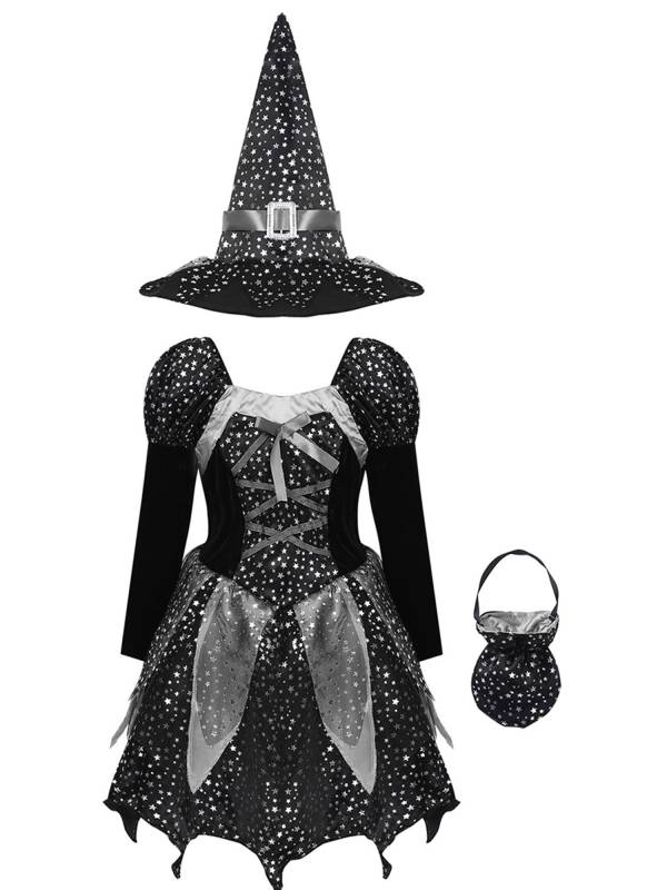 Kids Girls Halloween Witch Shiny Stars Long Sleeve Dress with Hat and Bag thumb