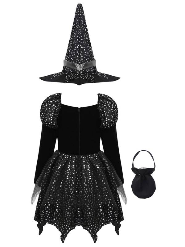 Kids Girls Halloween Witch Shiny Stars Long Sleeve Dress with Hat and Bag thumb