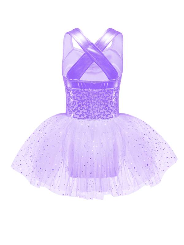 Kids Girls Sleeveless V Neck Sequins Crisscross Ballet Dance Dress thumb