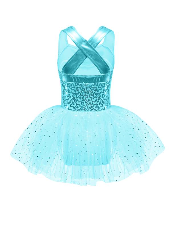 Kids Girls Sleeveless V Neck Sequins Crisscross Ballet Dance Dress thumb