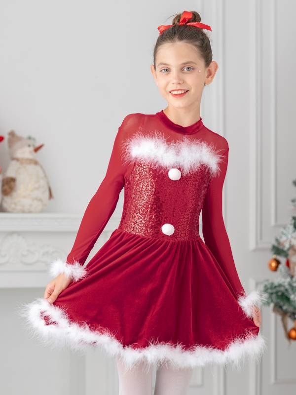 Kids Girls Christmas Sequin Long Sleeve Velvet Dance Leotard Dress thumb