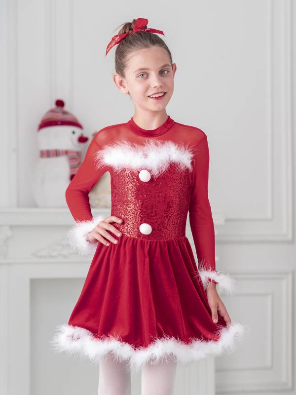 Kids Girls Christmas Sequin Long Sleeve Velvet Dance Leotard Dress thumb