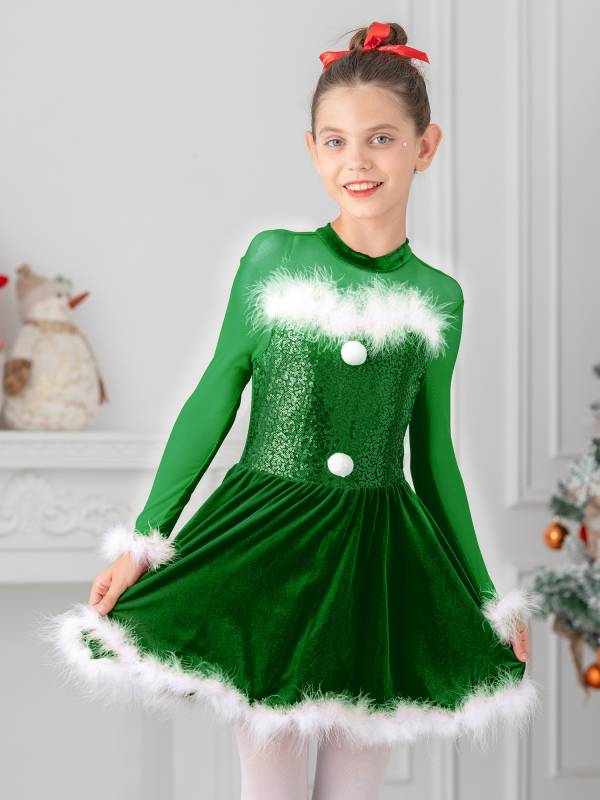 Kids Girls Christmas Sequin Long Sleeve Velvet Dance Leotard Dress thumb