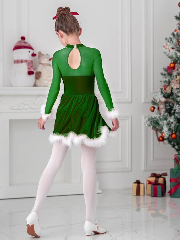 Kids Girls Christmas Sequin Long Sleeve Velvet Dance Leotard Dress thumb