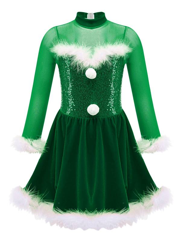 Kids Girls Christmas Sequin Long Sleeve Velvet Dance Leotard Dress thumb