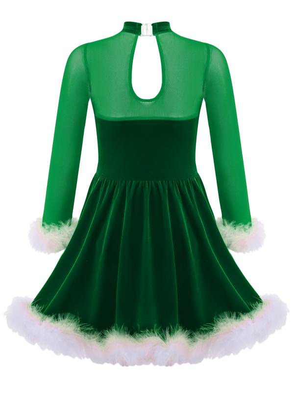 Kids Girls Christmas Sequin Long Sleeve Velvet Dance Leotard Dress thumb