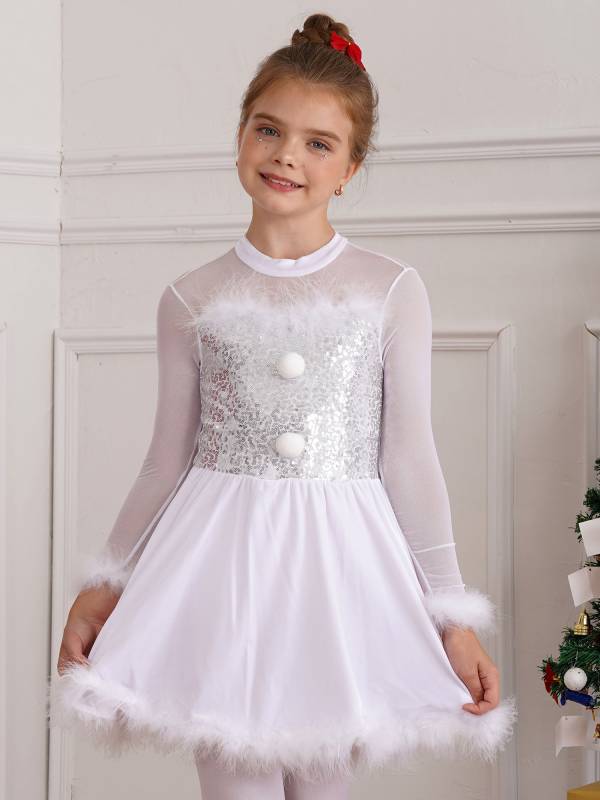 Kids Girls Christmas Sequin Long Sleeve Velvet Dance Leotard Dress thumb