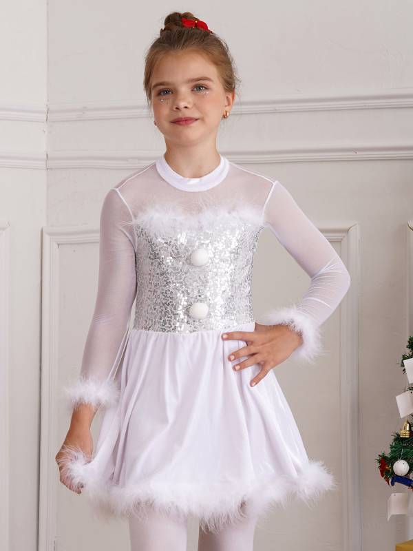 Kids Girls Christmas Sequin Long Sleeve Velvet Dance Leotard Dress thumb