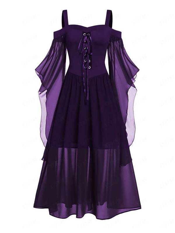 Women Halloween Medieval Flared Sleeve Cold Shoulder Gothic Lace-up Dress thumb