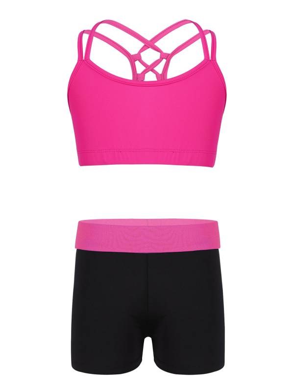 Kids Girls 2pcs Solid Color Strappy Crop Top and Shorts Sports Set thumb