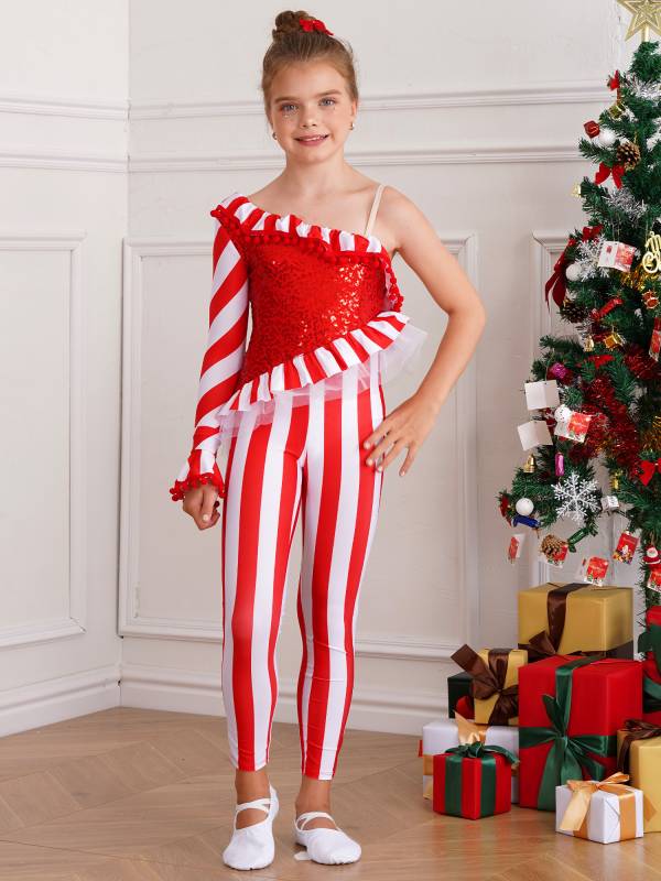 Kids Girls Pom Pom Trim One Shoulder Long Sleeve Sequin Christmas Jumpsuit thumb