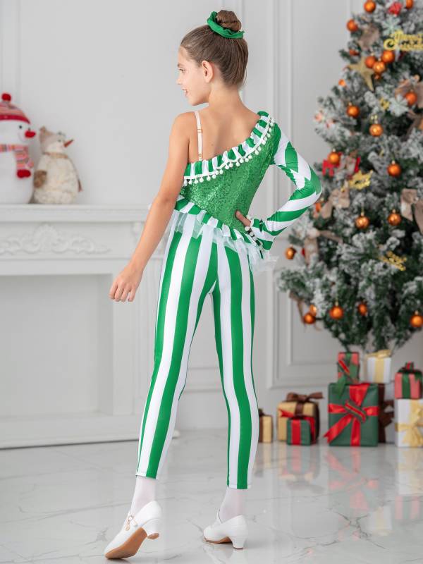 Kids Girls Pom Pom Trim One Shoulder Long Sleeve Sequin Christmas Jumpsuit thumb