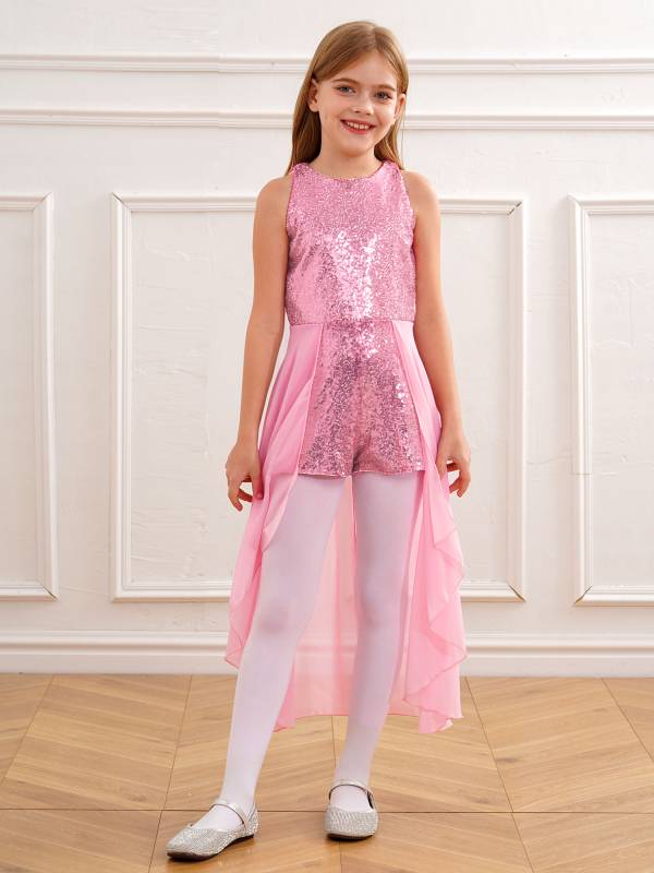 Kids Girls Sleeveless Sparkly Sequin Jumpsuit Dress thumb