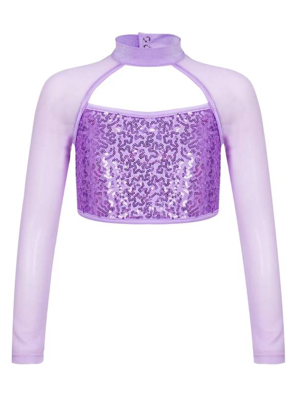 Kids Girls Long Sleeve Hollow Sequin Jazz Dance Crop Top thumb