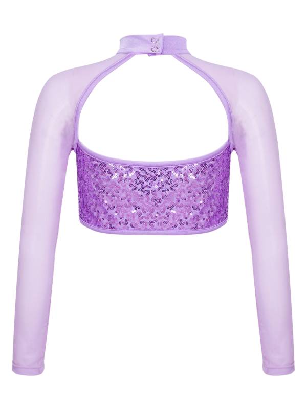 Kids Girls Long Sleeve Hollow Sequin Jazz Dance Crop Top thumb