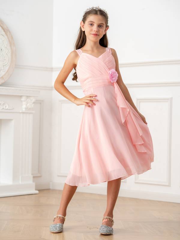 Kids Girls V Neck Sleeveless Ruched Bodice Chiffon Junior Bridesmaid Dress thumb