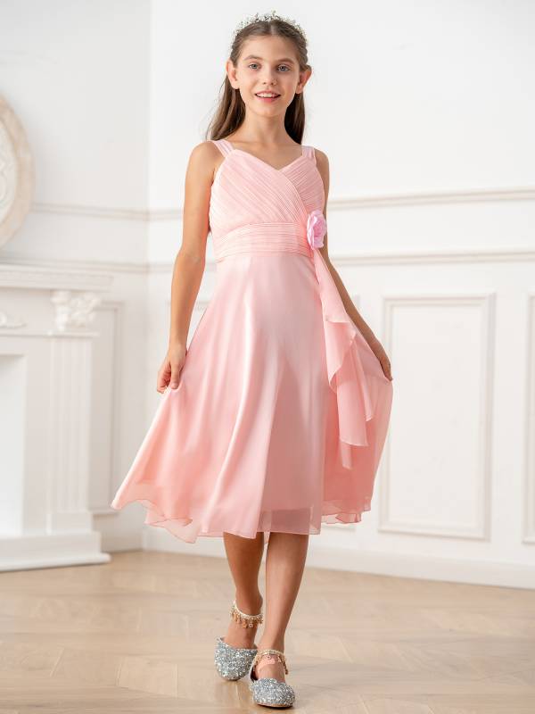 Kids Girls V Neck Sleeveless Ruched Bodice Chiffon Junior Bridesmaid Dress thumb