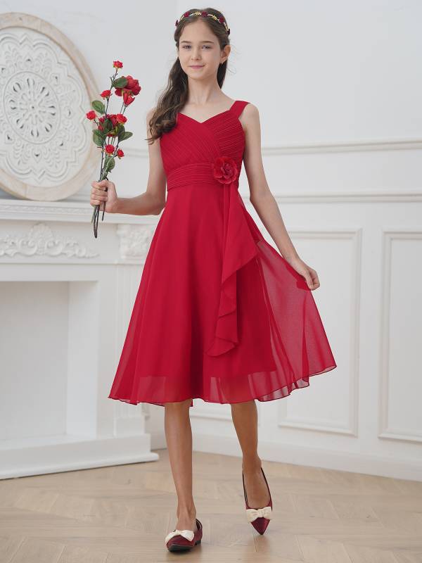 Kids Girls V Neck Sleeveless Ruched Bodice Chiffon Junior Bridesmaid Dress thumb