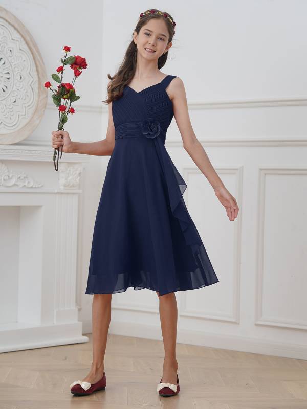 Kids Girls V Neck Sleeveless Ruched Bodice Chiffon Junior Bridesmaid Dress thumb